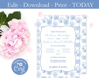 Printable Classic Blue And White Ginger Jars Wedding Invitation, Handpainted, Watercolors, Preppy, Template Wedding Invite, DIY PDF