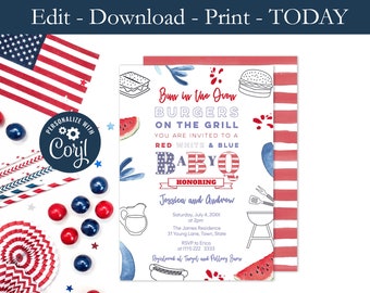 Brötchen im Ofen Burger auf dem Grill, rot weiß blau Babypartyeinladung, Labor Day Babyq Dusche, Paare Babyparty einladen, printable