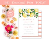 Sunshine and Lemonade Printable Invite, Digital File, Lemonade Stand Birthday Party, Lemons With Pink Invitation, Outdoors Event, JPEG PDF
