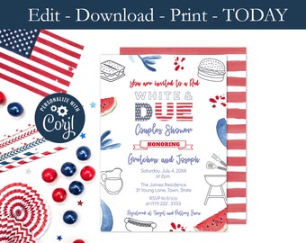 Rot Weiß Due Co-Ed Babypartyeinladung, Unabhängigkeitstag Babyparty, Vorlage Invite, Patriotische Babyparty, printable pdf, Cookout
