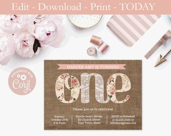 Modèle modifiable Shabby-Style 1er invitations d'anniversaire, invitation de bébé fille, invitation de toile de jute boho chic, fête d'anniversaire florale pour enfants, Télécharger