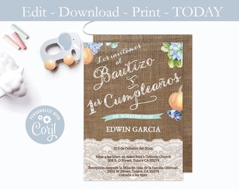 DIY Printable, Latino Baptism 1st Birthday Invites In Spanish, Baby Boy, Pumpkins Blue Flowers, Bautizo Cumpleaños Invitaciones, 1er Añito