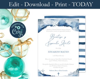 Bautizo Y Segundo Añito Imprimible, Latino Baptism 2nd Birthday Invite, Invitaciones Bautismo, 2nd Birthday Baptism in Spanish, Nautical