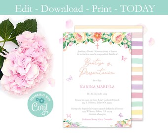 Bautizo Presentacion Invite, Latina Baptism Presentation Invitation Template, Editable Bautismo Design, Invitacion imprimible, Para nena