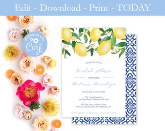 Tuscany Lemons Bridal Shower Invitation, Italian Theme, Positano Blue Tiles, Powder Blue, Cobalt, Digital File, Editable Template, PDF JPEG