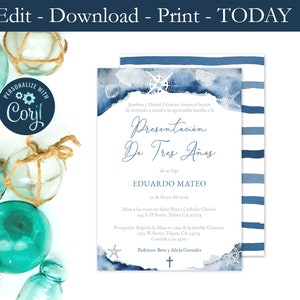 Invitaciones Presentación De Tres Años, Niño, 3 Year Presentation Printable Invite, Instant Download Invitation, Latino Invites, Nautical