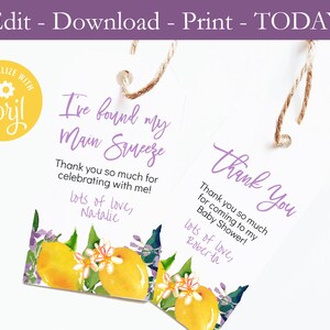 Lemons Lavender Favor Tags, Main Squeeze Favor Tags, Citrus Purple tags, DIY Printable Tags, Bridal Shower Thank You Tags