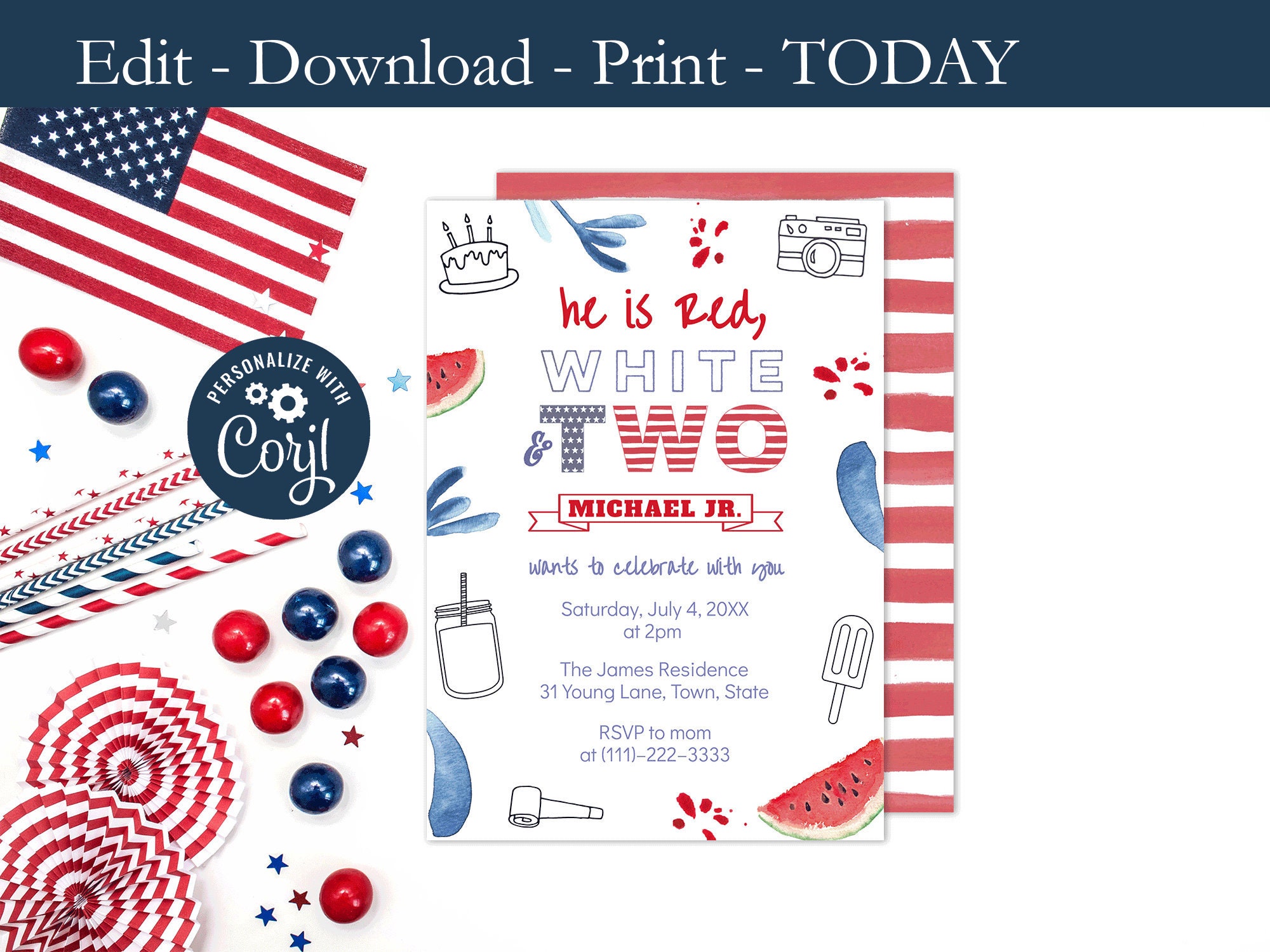 Printable Red White TWO Photo Invitation, 2nd Birthday Party Picture ...