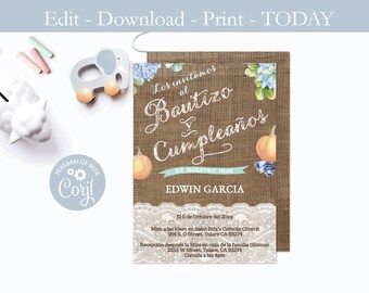 Printable Baptism Birthday Invites In Spanish, Little Boy, Pumpkins Blue Flowers, Bautizo Cumpleaños Invitaciones, Imprimible, Latino, PDF