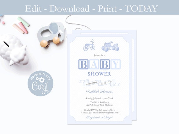 Printable Baby Shower Invitation For Boy, Vintage Toys, ABC Blocks, Nursery Blocks, Heirloom, Victorian, Blue And White, Template, PDF JPEG