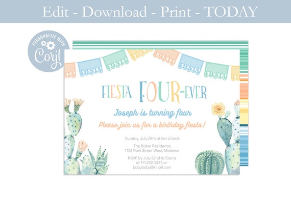 4th Birthday Fiesta, Printable Invite, Fiesta FOUR-ever, Fourever, Fourth Birthday Party Invitation, Mexican 4th Birthday For Boy, PDF File