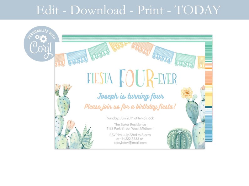 May include: A colourful invitation for a birthday party with a cactus theme. The invitation reads "Fiesta Four-Ever" and includes the text "Joseph is turning four. Please join us for a birthday fiesta!" The invitation also includes details about the party, including the date, time, location, and RSVP information.