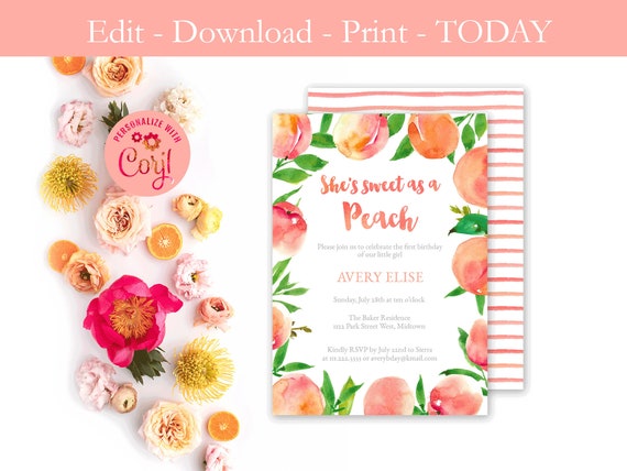 Editable Peach Birthday Invitation, Sweet as a peach invites, Southern birthday invites, birthday invite template, Summer birthday invite