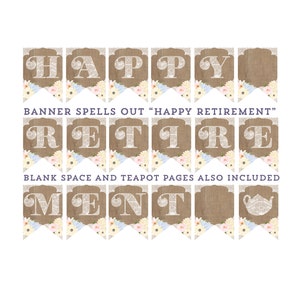 Op de afbeelding: Printbare banner met de woorden "HAPPY RETIREMENT" in witte letters op een bruine jute achtergrond. De banner is versierd met witte kant en roze, blauwe en gele bloemen. De banner is ontworpen voor een afscheidsfeest.