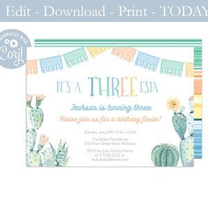 May include: A printable invitation for a child's third birthday party. The invitation features a cactus theme with a colourful banner that says "It's a Three Esta". The invitation is decorated with watercolour illustrations of cacti and flowers.