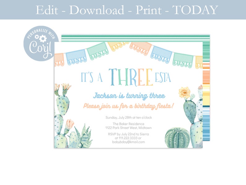 May include: A printable invitation for a child's third birthday party. The invitation features a cactus theme with a colourful banner that says "It's a Three Esta". The invitation is decorated with watercolour illustrations of cacti and flowers.