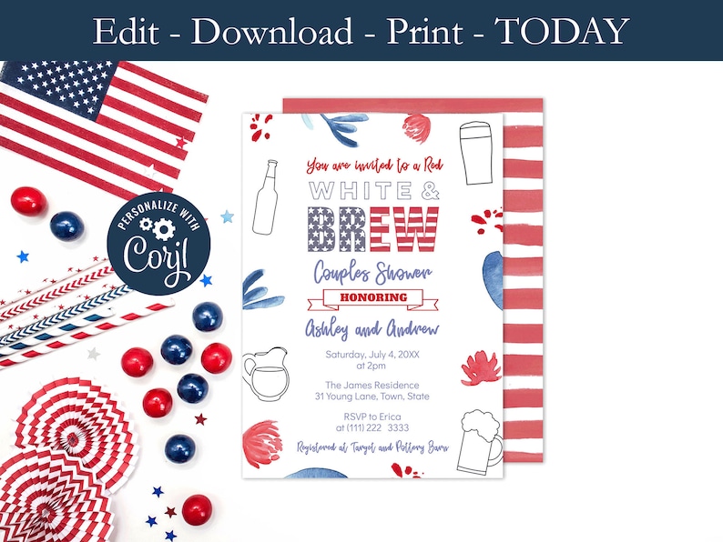 download red white brew couples shower invitation stars and stripes co ed wedding shower labor day shower invite corjl digital template labor day invitation wording