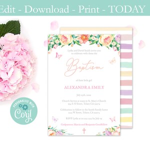 Baptism Invitation For Girl, Editable Baptism Invite, Pretty Girly Baptism, Digital Download, Butterflies, Enchanted Garden, DIY, Mid Summer
