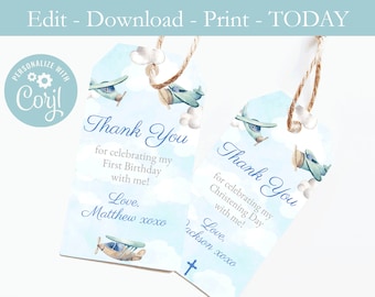 Printable favor tags, Airplane Theme 1st Birthday, Toy Plane Baptism, Christening Party, Pilot, Travel, thank you tags, DIGITAL DOWNLOAD