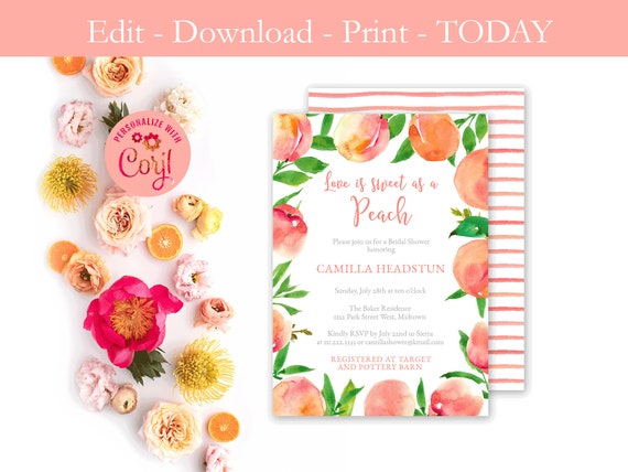 Editable Peaches Bridal Shower, Love is sweet invitations, Sweet as a peach invites, Southern Wedding Shower, Plantation shower, jpeg invite