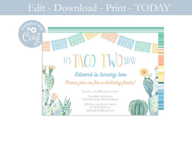 May include: A colourful invitation for a child's second birthday party with a cactus and taco theme. The invitation says "It's Taco Twosday! Edward is turning two. Please join us for a birthday fiesta!" with details about the party at the bottom.