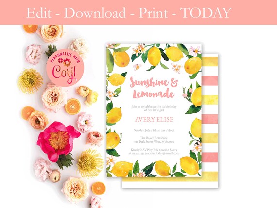 Template Sunshine lemonade invitations, lemon invitations, Southern birthday party, Editable Girl Birthday Invite, DIY lemons party cards