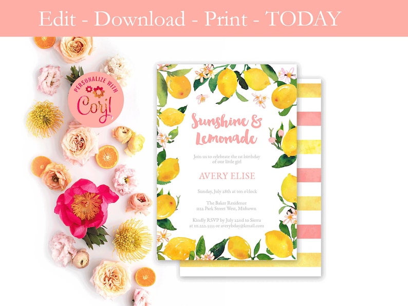 Peut inclure: Une invitation imprimable pour une f&ecirc;te d'anniversaire de fille avec une illustration aquarelle de citrons et de fleurs. Le texte indique "Sunshine & Lemonade" et comprend le nom de la fille d'anniversaire, Avery Elise, la date et l'heure de la f&ecirc;te, ainsi que le lieu.