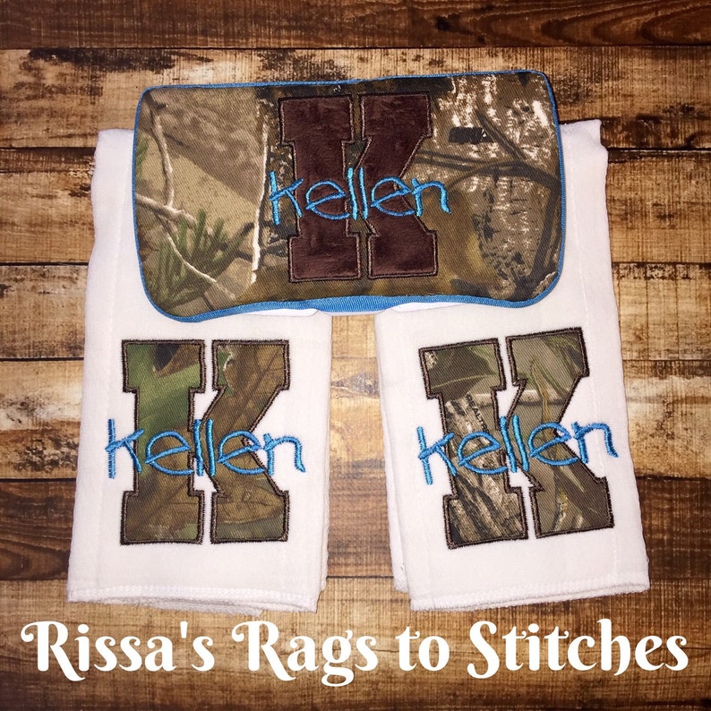 Personalized Real Tree Camo Wipe Case and 2 Matching Burp Cloths
