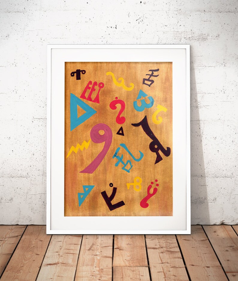 Babel Collection: Fallen Confusion original acrylic painting, gold, languages, abstract painting, abstract art, hieroglyphics, symbols image 1