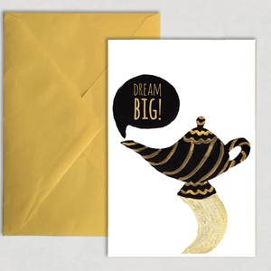 Dream Big, positiviteit, motivatie, productiviteit, genie, fles, wenskaart, inspirerende