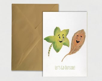 Lets Go Outside Greeting Card, Nature, Leaves, Humour, Friends, Dating, Fun, card