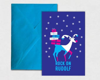 Rock on Rudolf – Thanksgiving or Christmas Seasonal Greeting Card with reindeer illustration