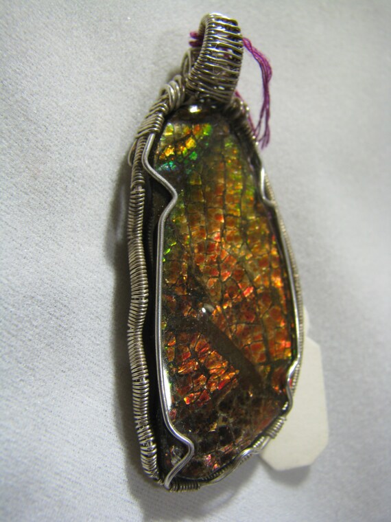 Ammolite .925 Sterling Silver Wire Wrap Pendant~"Fault Line" ~ 5 Color Grade AA Iridescent Full Rainbow Spectrum