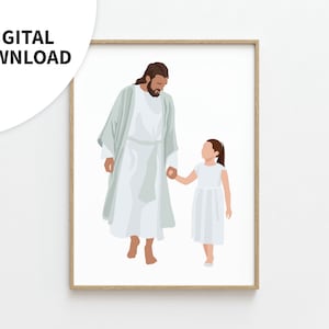 May include: A digital illustration of Jesus Christ walking with a young girl, both wearing white robes. The girl is holding Jesus' hand. The image is set against a white background.