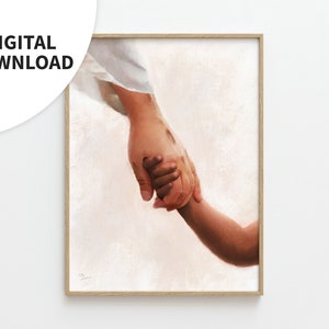 May include: A painting of two hands holding each other. The hand on the left is a light-skinned hand, and the hand on the right is a dark-skinned hand. The background is a light peach color.