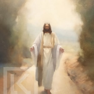 Op de afbeelding: Een schilderij van Jezus Christus die op een pad loopt met zijn armen uitgestrekt. De achtergrond is een zacht, wazig licht met bomen aan weerszijden van het pad.