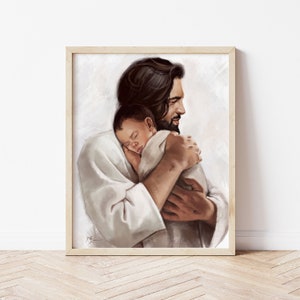 Jesus holding child artwork, "Little One," Gospel Art Print