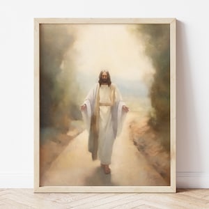 Op de afbeelding: Een schilderij van Jezus Christus die op een pad loopt met een helder licht achter hem. Het schilderij is gemaakt in aquarelstijl met zachte kleuren en een wazige achtergrond.