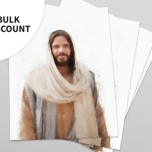 May include: A watercolor painting of a man with long brown hair and a beard, wearing a white robe and a white scarf. The painting is on a white background.