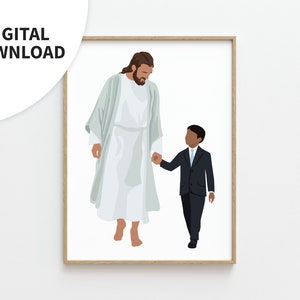 May include: A digital illustration of Jesus Christ walking with a young boy. Jesus is wearing a white robe and the boy is wearing a dark suit and a light blue tie. The image is in a simple, minimalist style.