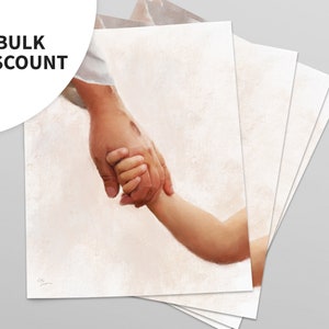 May include: A painting of two hands holding each other. The hand on the left is larger and appears to be a man's hand. The hand on the right is smaller and appears to be a child's hand. The background is a soft, light brown color.