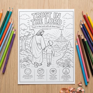 May include: A black and white coloring page featuring the text Trust in the Lord and Proverbs 3:5. The illustration depicts a figure in robes walking with a child toward a temple, surrounded by trees, mountains, and four circular icons with text.