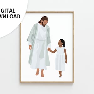 May include: A digital illustration of Jesus Christ walking with a young girl. Jesus is wearing a white robe and the girl is wearing a white dress. The background is white.