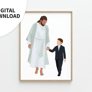 May include: A digital illustration of Jesus Christ walking with a young boy, both holding hands. Jesus is wearing a white robe and the boy is wearing a dark suit and a light blue tie.