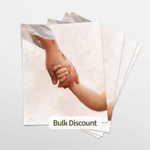 May include: A stack of rectangular art prints featuring a digital painting of a larger hand gently holding a smaller hand. The artwork uses soft, warm, and neutral tones with a textured appearance. The text Bulk Discount is visible at the bottom.