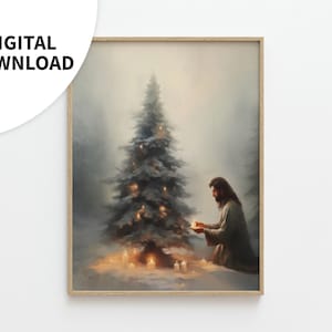 Oeuvre d'art de Jésus-Christ, téléchargement numérique, « Lumière de Noël », Art chrétien de vacances, Art de l'Évangile, carte de Noël imprimable, peinture vintage