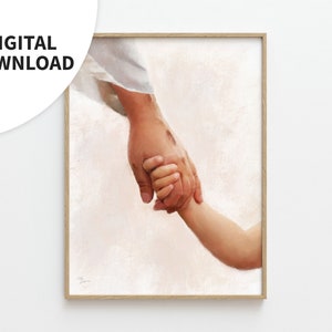 Könnte beinhalten: Ein digitales Gemälde, das zwei sich haltende Hände zeigt. Die linke Hand ist größer und scheint die eines Mannes zu sein. Die rechte Hand ist kleiner und scheint die eines Kindes zu sein. Der Hintergrund ist ein sanftes, hellrosa.