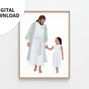 May include: A digital illustration of Jesus Christ walking with a young girl, both wearing white clothing. Jesus has long brown hair and a beard, while the girl has long black hair. They are holding hands and walking towards the right side of the image.
