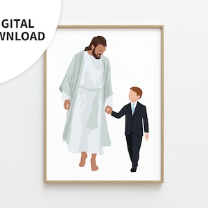 Op de afbeelding: Een digitale illustratie van Jezus Christus in een witte robe, die hand in hand loopt met een jonge jongen in een donker pak en een lichtblauwe das.