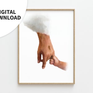 Könnte beinhalten: Ein Aquarellbild von zwei Händen, die sich halten. Die größere Hand ist braun und die kleinere Hand ist weiß. Der Hintergrund ist ein sanftes Weiß.